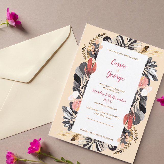 Romantic Blush & Black Floral Wedding Invitation Postcard (Romantic Blush & Black Floral Wedding Invitation Postcard)