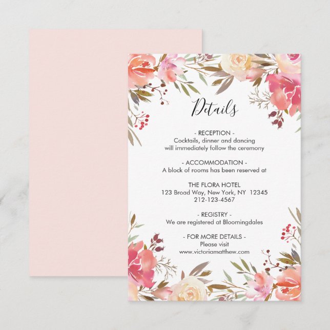 Romantic Blush Bloom Floral Wedding Details Invitation (Front/Back)