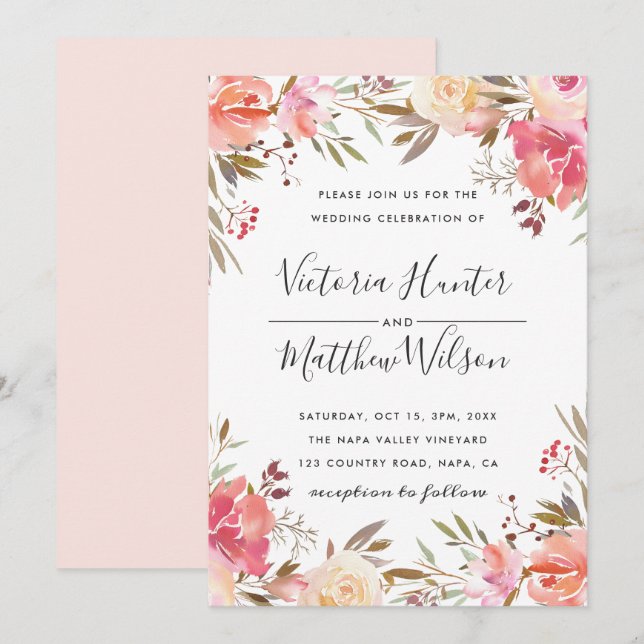 Romantic Blush Bloom Floral Wedding Invitation (Front/Back)