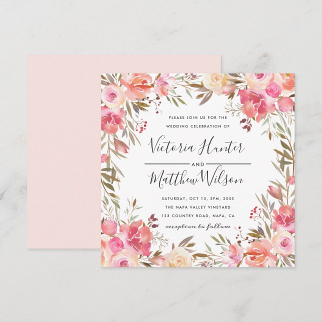 Romantic Blush Bloom Floral Wedding Invitation (Front/Back)