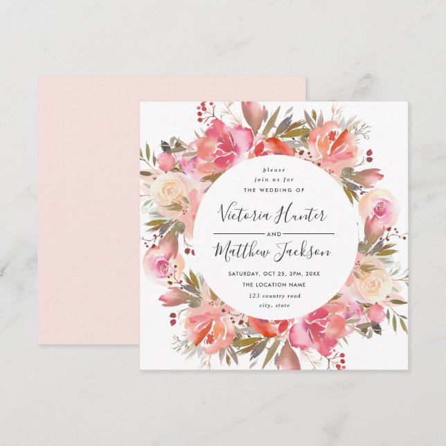 Romantic Blush Bloom Floral Wedding Invitation (Front/Back)