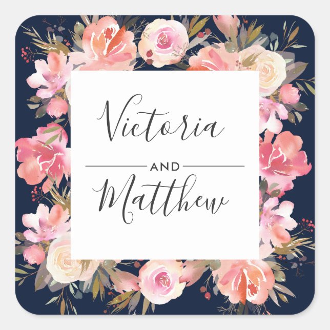 Romantic Blush Bloom Floral Wedding Personalised Square Sticker (Front)