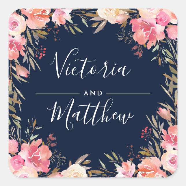 Romantic Blush Bloom Floral Wedding Personalised Square Sticker (Front)