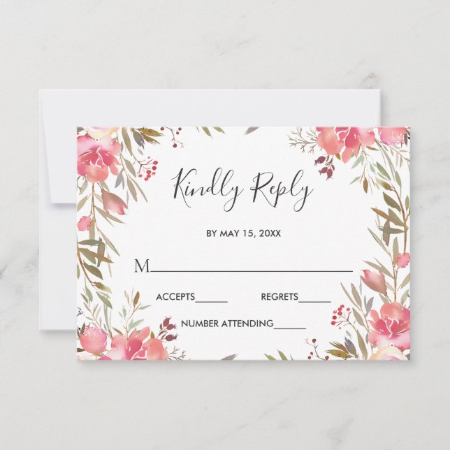 Romantic Blush Bloom Floral Wedding RSVP Card (Front)