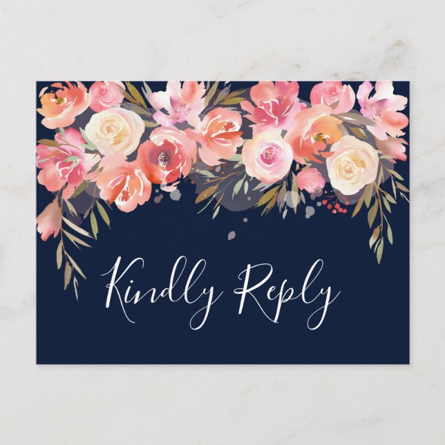 Romantic Blush Bloom Floral Wedding RSVP | Navy Invitation Postcard (Front)