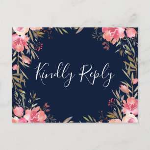 Romantic Blush Bloom Floral Wedding RSVP Navy Invitation Postcard