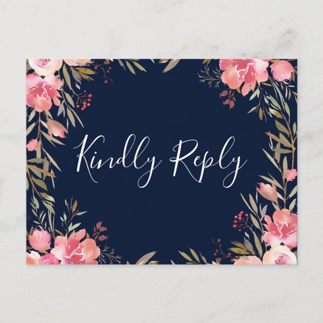 Romantic Blush Bloom Floral Wedding RSVP | Navy Invitation Postcard (Front)