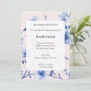 Romantic Blush Blue Floral Birthday Invitation