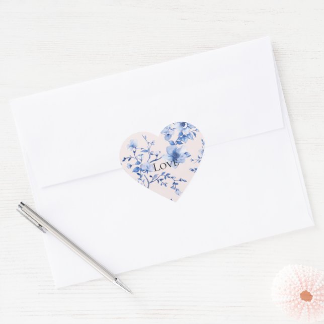 Romantic Blush Blue Floral Bridal Shower Heart Sticker (Envelope)