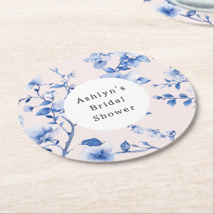 Romantic Blush Blue Floral Bridal Shower Round Paper Coaster