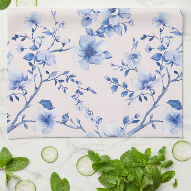 Romantic Blush Blue Floral Bridal Shower Tea Towel (Folded)