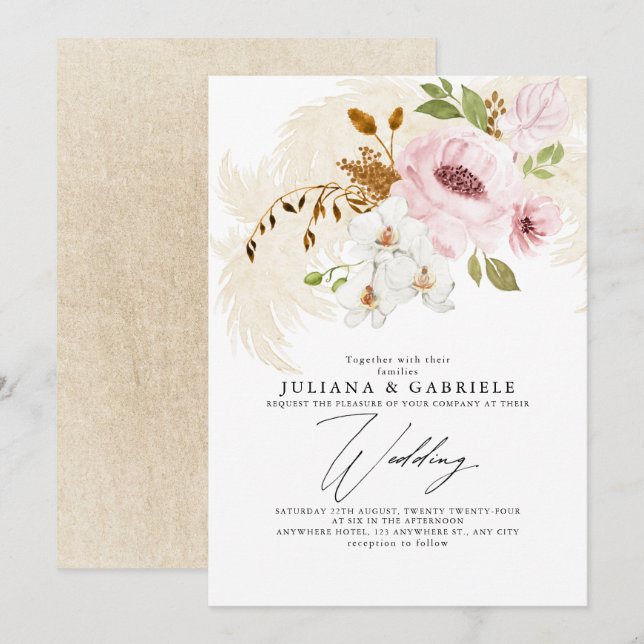 Romantic Blush Brown Greenery Boho Floral Wedding Invitation (Front/Back)