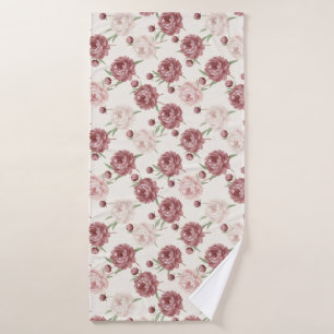 Romantic Blush & Burgundy Peony Floral Pattern Bath Towel