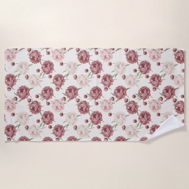 Romantic Blush & Burgundy Peony Floral Pattern Beach Towel (Front)
