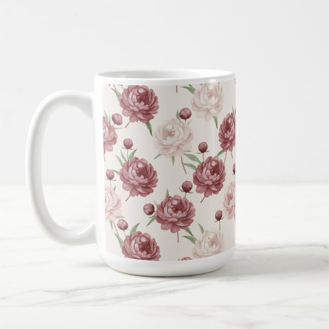 Romantic Blush & Burgundy Peony Floral Pattern Coffee Mug (Left)