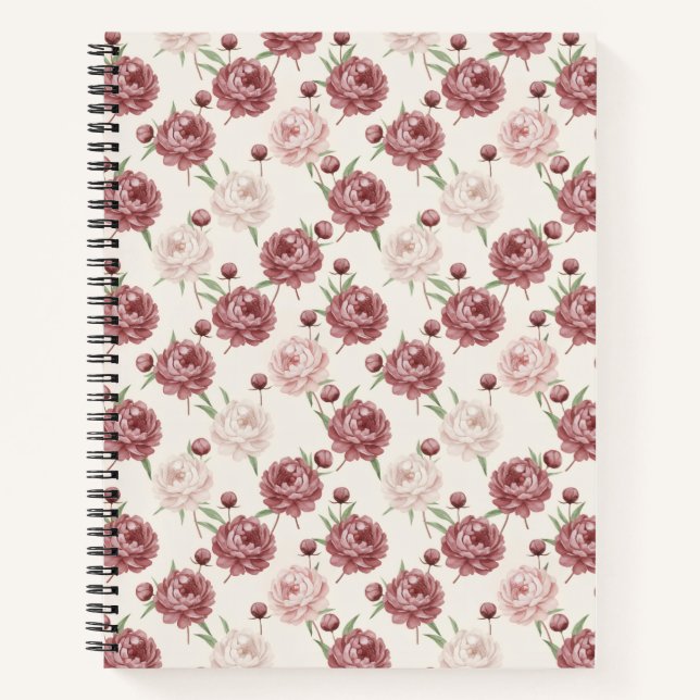 Romantic Blush & Burgundy Peony Floral Pattern Notebook (Front)