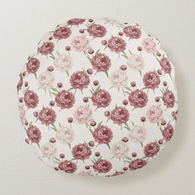 Romantic Blush & Burgundy Peony Floral Pattern Round Cushion (Front)