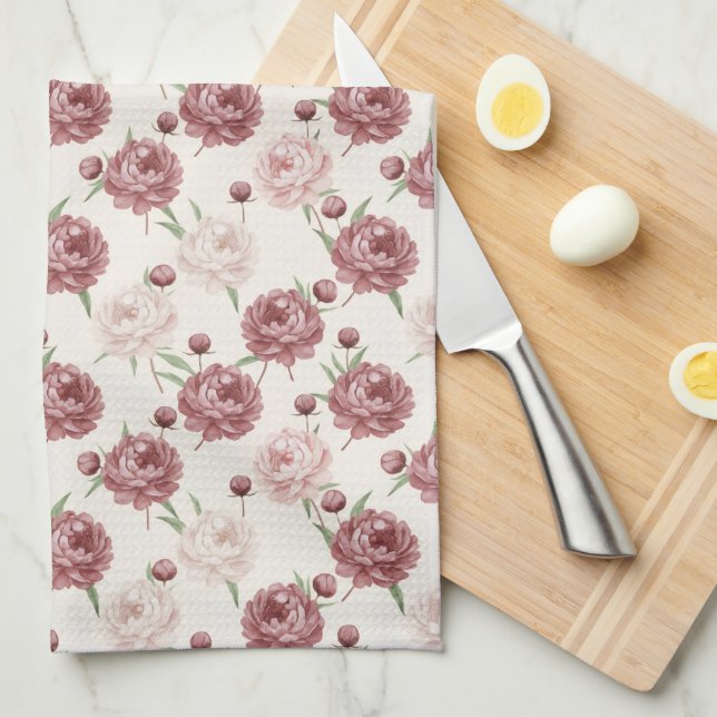 Romantic Blush & Burgundy Peony Floral Pattern Tea Towel (Quarter Fold)