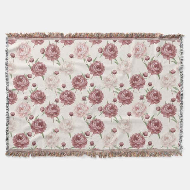 Romantic Blush & Burgundy Peony Floral Pattern Throw Blanket (Front)