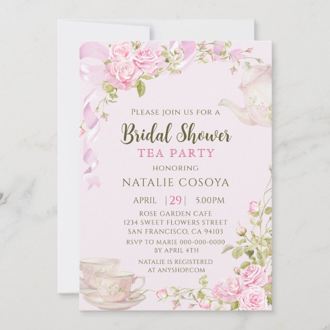 Romantic Blush Floral Bridal Shower Tea Party Invitation (Front)