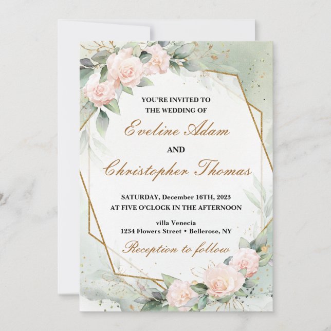 Romantic Blush Floral Eucalyptus Wedding Invitation (Front)