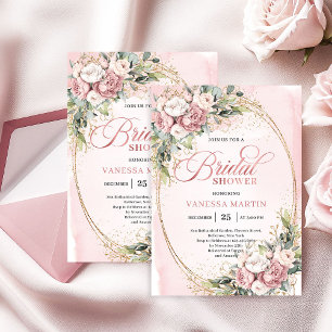 Romantic Blush Floral Greenery Gold Shower Invitation