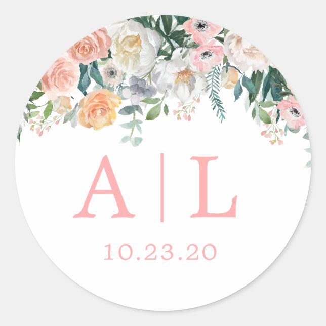 Romantic Blush Floral Monogram Round Sticker (Front)