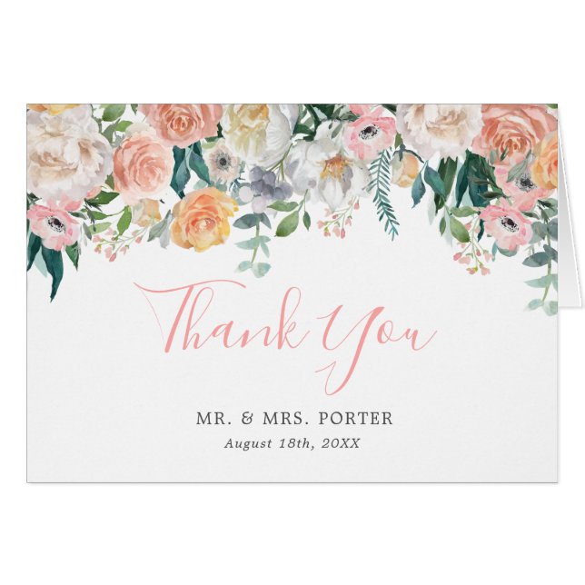 Romantic Blush Floral Wedding Thank You Note Card (Front Horizontal)