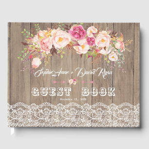 Romantic Blush Flowers Lace Wood Wedding Guest Book