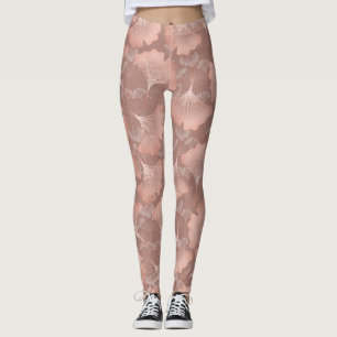 Romantic Blush Ginkgo Leaves Gold Botanical Leggings