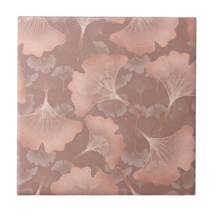 Romantic Blush Ginkgo Leaves Gold Botanical Tile