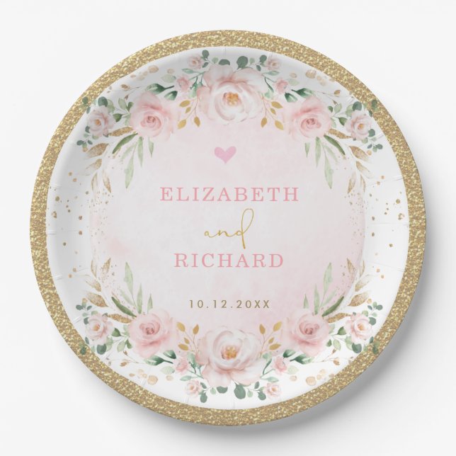 Romantic Blush Gold Pink Floral Wedding Engagement Paper Plate (Front)