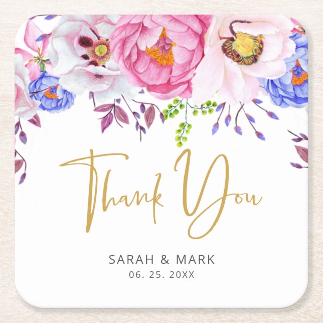 Romantic Blush & Gold Thank You Wedding   Square Paper Coaster (Front)