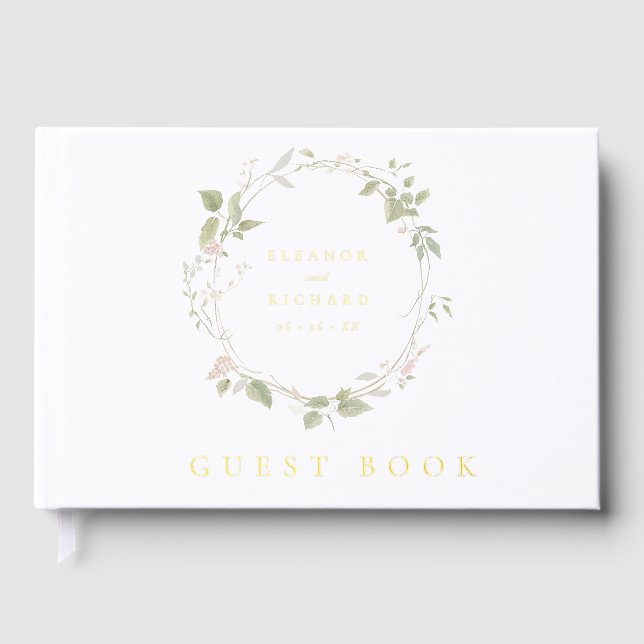 Romantic Blush & Green Floral Wreath Wedding Guest Book (Front)