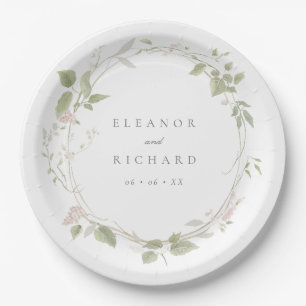 Romantic Blush & Green Floral Wreath Wedding Paper Plate