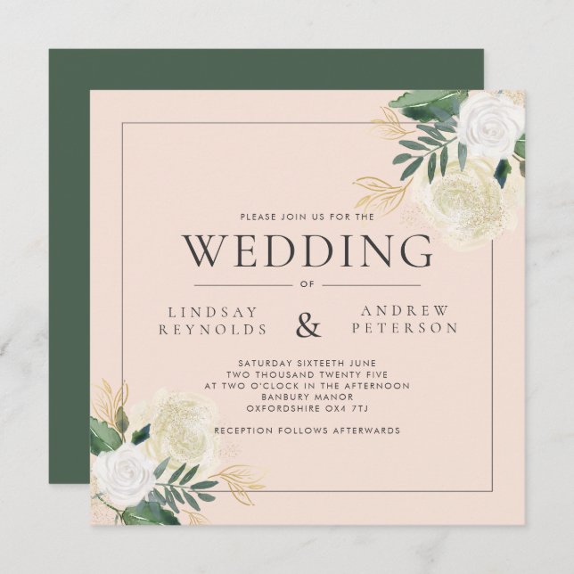 Romantic Blush & Green Glitter Square Wedding Invitation (Front/Back)