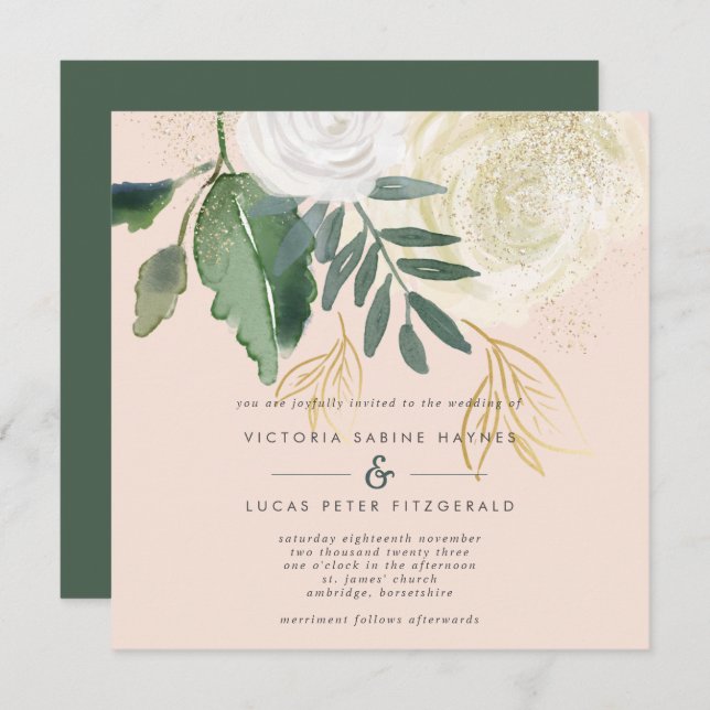 Romantic Blush & Green Square Wedding Invitation (Front/Back)