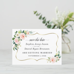 Romantic Blush Ivory Flowers Wedding Calligraphy Save The Date
