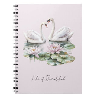 Romantic Blush Lotus Floral Swans   Notebook