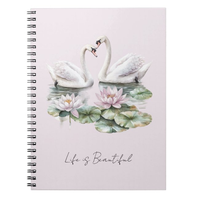 Romantic Blush Lotus Floral Swans   Notebook (Front)