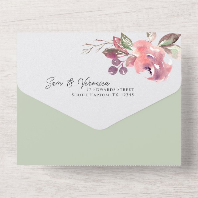Romantic Blush Mauve Sage Floral All In One All In One Invitation (Back)