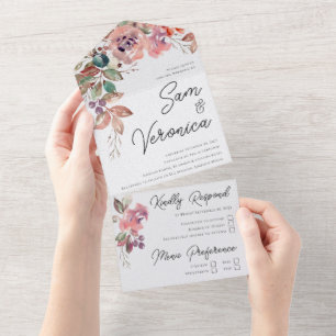 Romantic Blush Mauve Watercolor Floral All In One Invitation