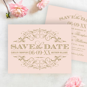 Romantic Blush Peach Gold Flourish Wedding Save The Date