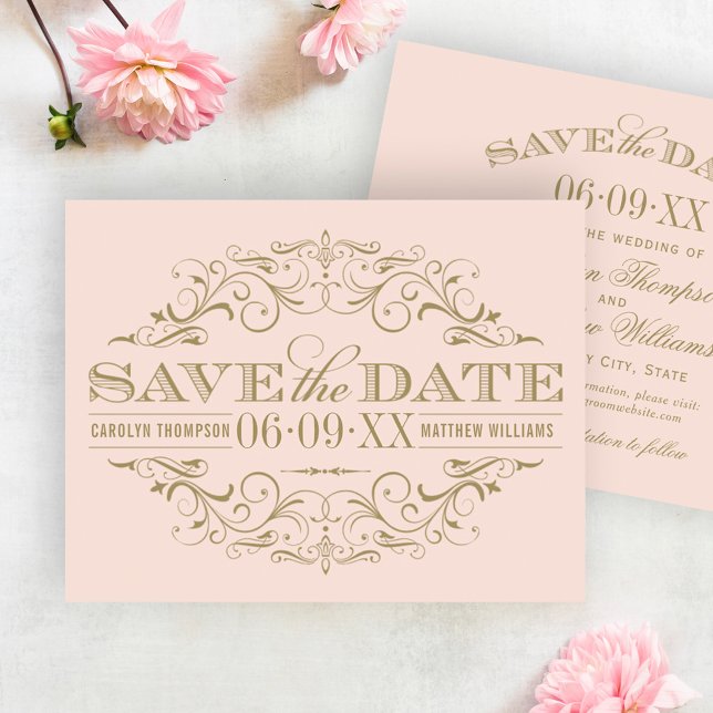 Romantic Blush Peach Gold Flourish Wedding Save The Date (Creator Uploaded)