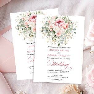 Romantic Blush Peonies Greenery Gold Wedding  Invitation