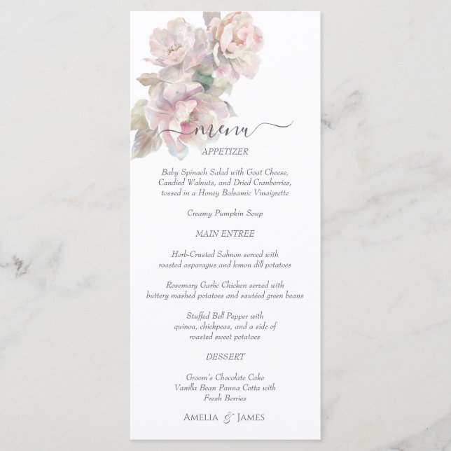 Romantic Blush Peony Floral Wedding  Menu (Front)