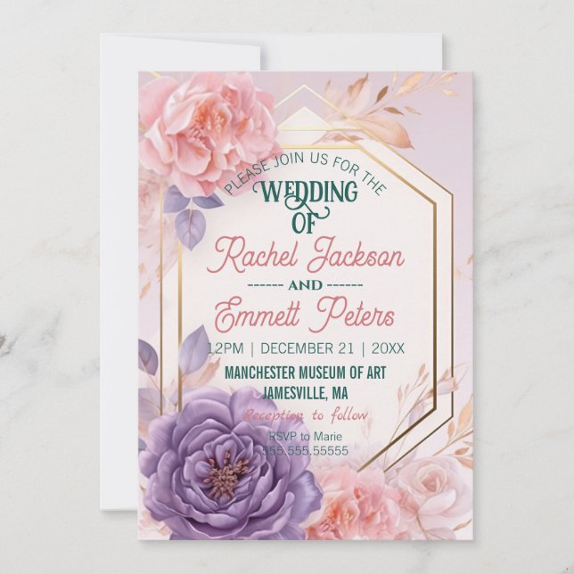 Romantic Blush Pink Blue Floral Wedding Gold Frame Invitation (Front)