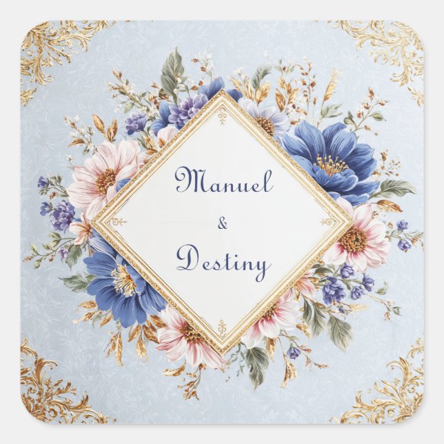 Romantic Blush Pink Blue Gold Floral Diamond Frame Square Sticker (Front)
