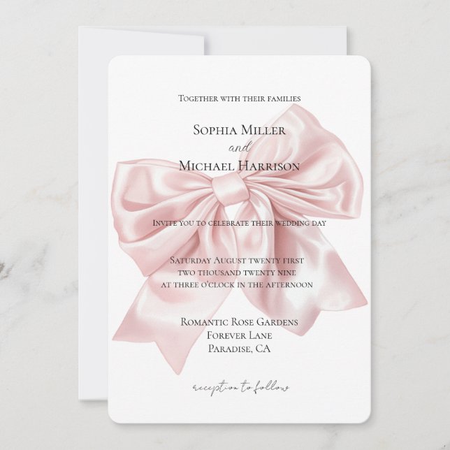 Romantic Blush Pink Bow Wedding Invitation (Front)