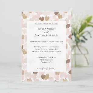 Romantic Blush Pink Brown Cream Hearts Wedding Invitation